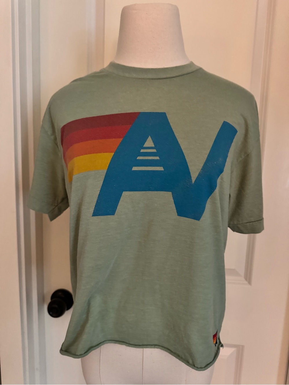 Aviator Nation women’s Sage Green Tee with Blue Logo & Retro Stripes